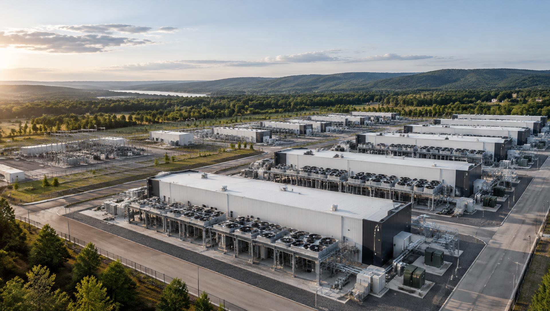 Concept visualization of a modular data-center campus with cooling arrays and electrical infrastructure